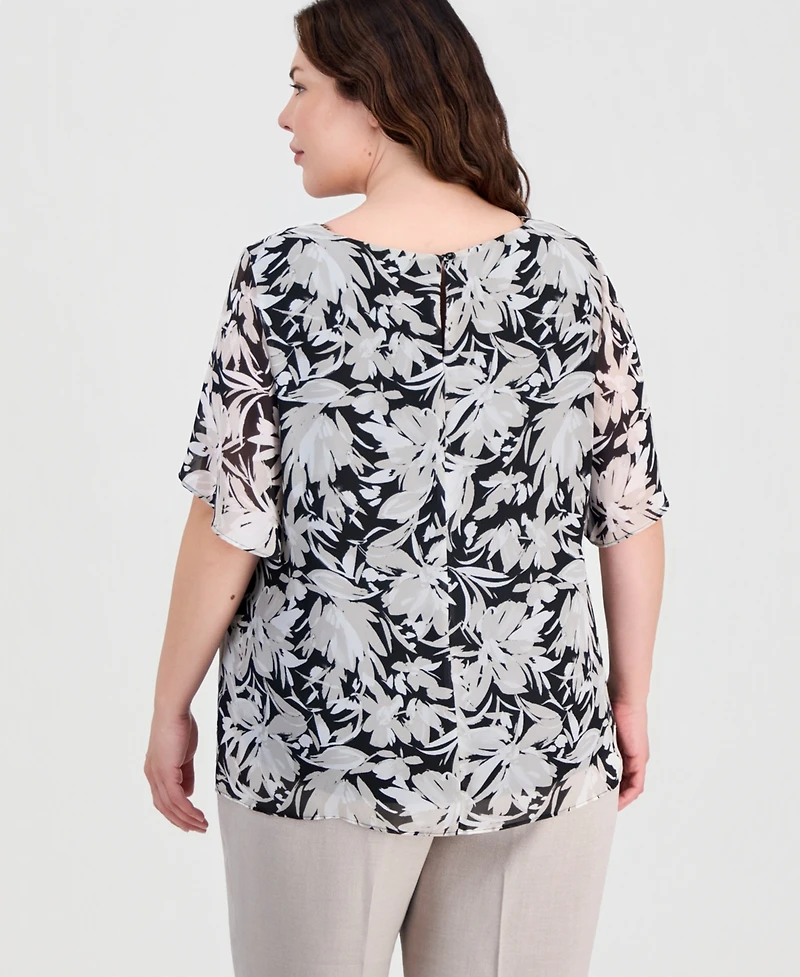 Kasper Plus Flutter-Sleeve Boat-Neck Top