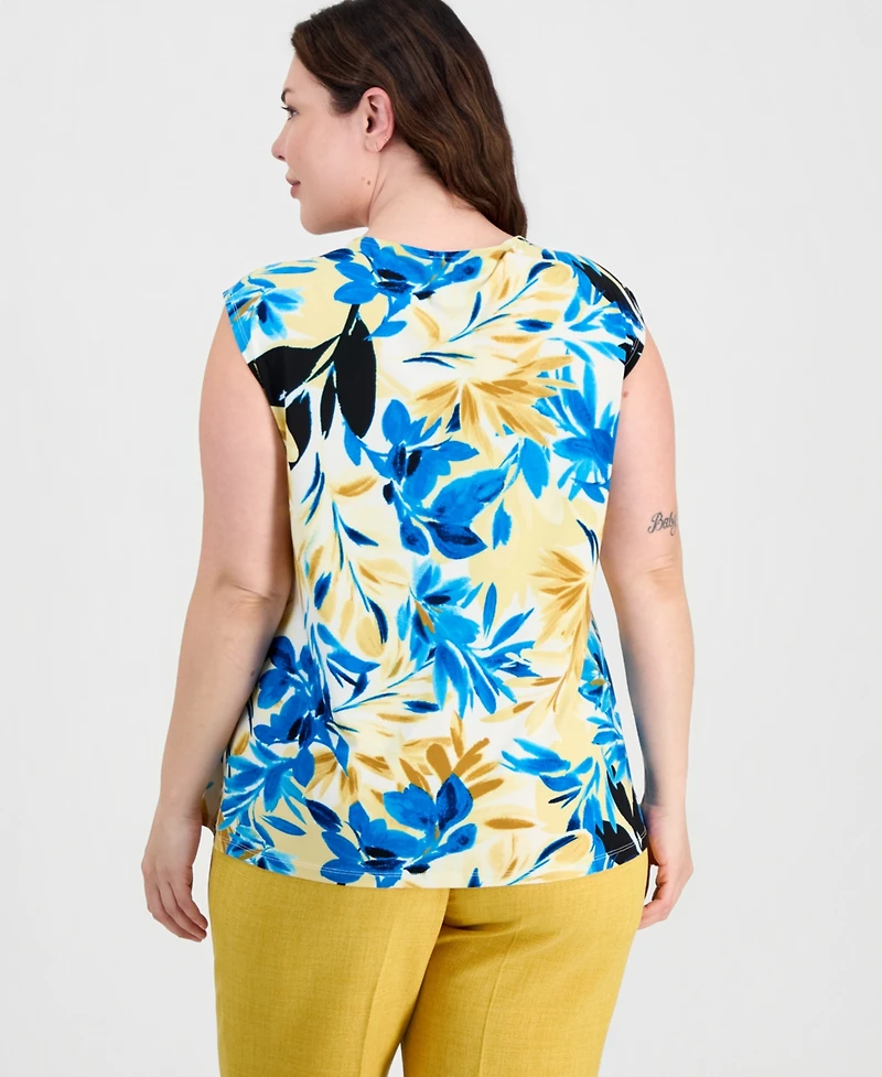 Kasper Plus Extended-Shoulder Floral-Print Top