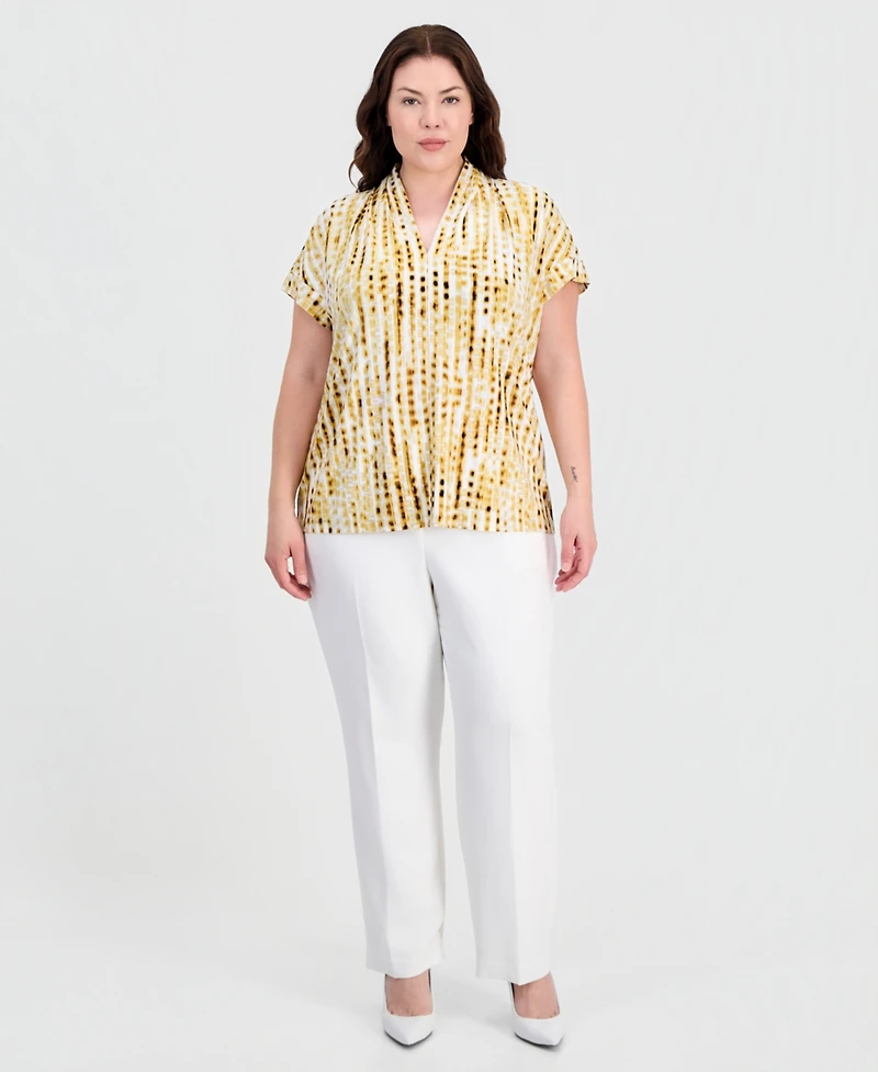 Kasper Plus Printed V-Neck Short-Sleeve Blouse