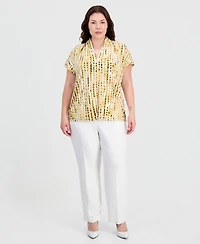 Kasper Plus Printed V-Neck Short-Sleeve Blouse