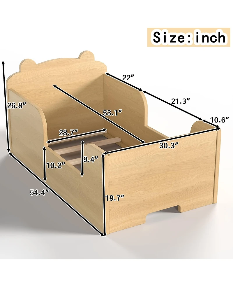 Rainsken Low-Profile Twin Size Kids Floor Bed Frame, Wooden Platform Bed with Safety Rails and Bear Shape Headboard for Boys and Girls Ages 3-6