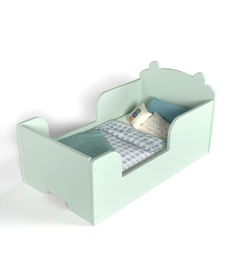 Rainsken Twin Size Wooden Kids Floor Bed, Platform Bed Frame with Safety Guard Rails and Adorable Bear Headboard for Toddler Boys and Girls Ages 3-6