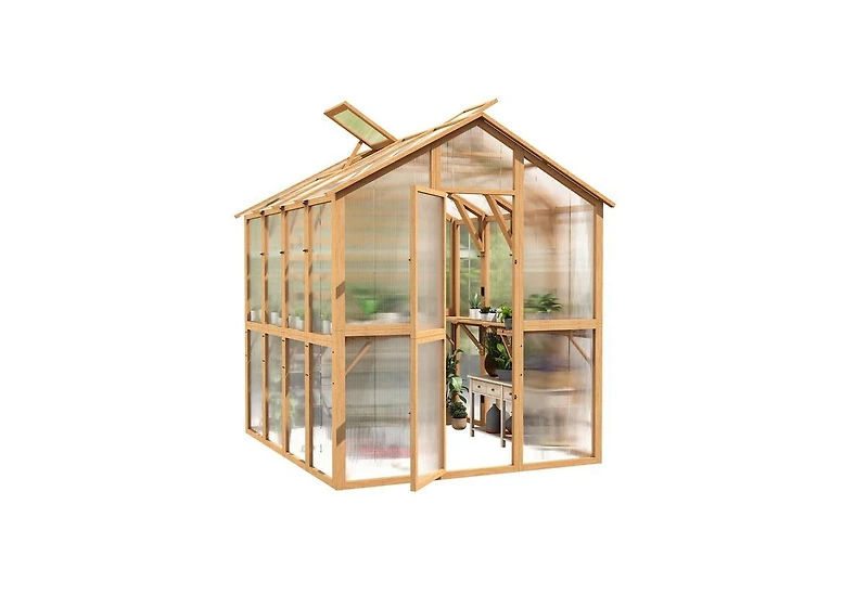 Aecojoy 6x7 Ft Wooden Greenhouse for Outdoors, Walk-in Garden Greenhouse with Plant Stand, Lockable Door