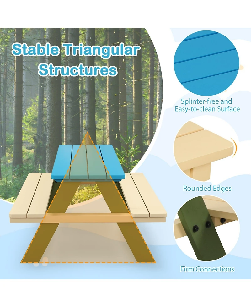 Sugift Kids Wooden Picnic Table Set Toddler Activity and Dining Table with Built-in Benches