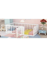 flynama Twin Size Wood Floor Bed Frame with Surrounding Fence Removable Door and Open Row Design