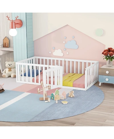 flynama Twin Size Wood Floor Bed Frame with Surrounding Fence Removable Door and Open Row Design