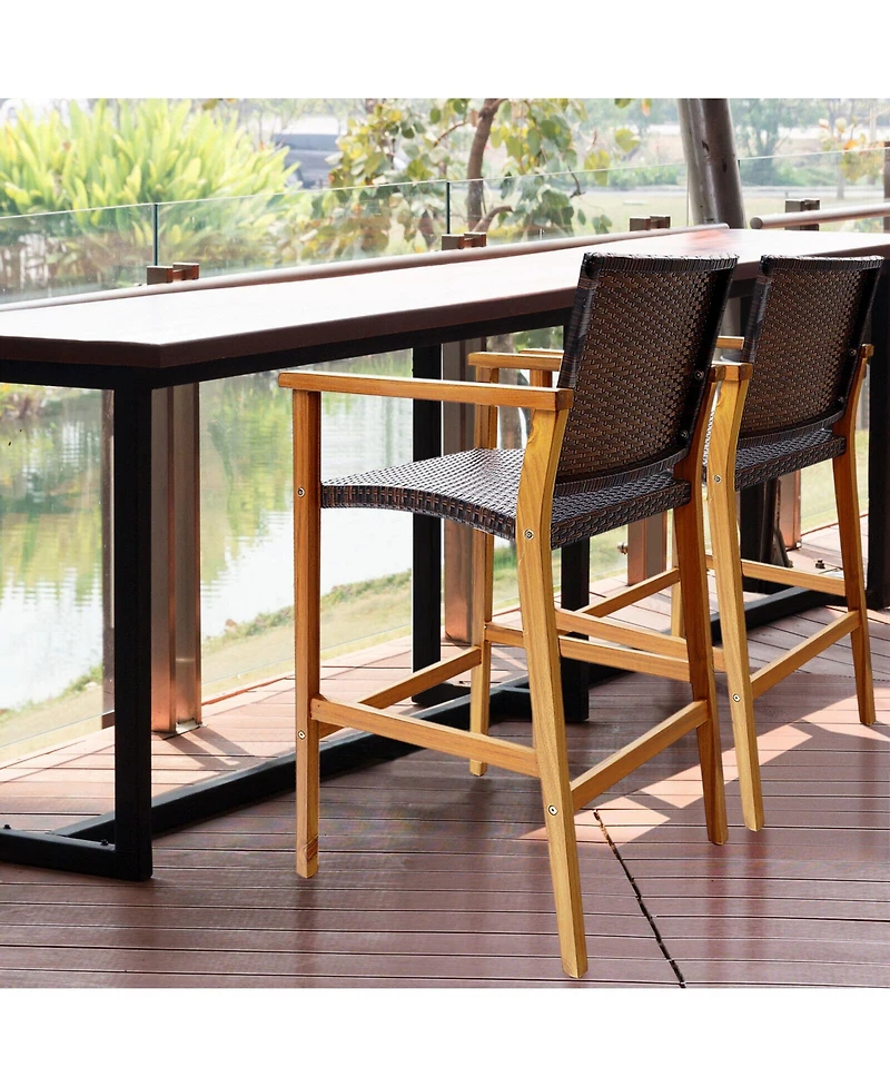 sumyeg Set of 2 Outdoor Pe Wicker Bar Chairs with Acacia Armrests
