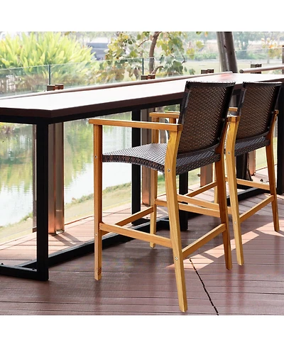 sumyeg Set of 2 Outdoor Pe Wicker Bar Chairs with Acacia Armrests