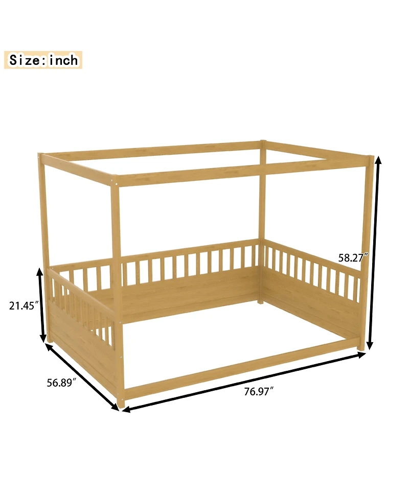 flynama Wooden Canopy Floor Bed With Guardrails Four Poster Design Natural For Kids