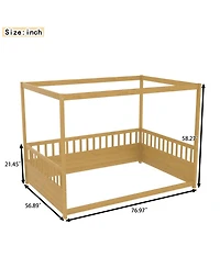 flynama Wooden Canopy Floor Bed With Guardrails Four Poster Design Natural For Kids