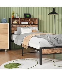 flynama Metal Bed Storage Headboard Charging Station Bookcase