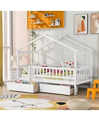 flynama Twin Size Wooden House Bed Two Drawers