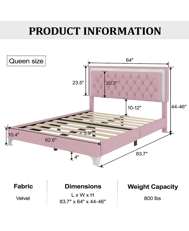 flynama Queen Size Velvet Upholstered Bed With Led Lights Tufted Headboard No Box Spring