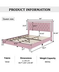 flynama Queen Size Velvet Upholstered Bed With Led Lights Tufted Headboard No Box Spring