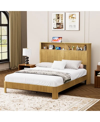 flynama Bed Frame Wavy Curved Storage Headboard Charging Station