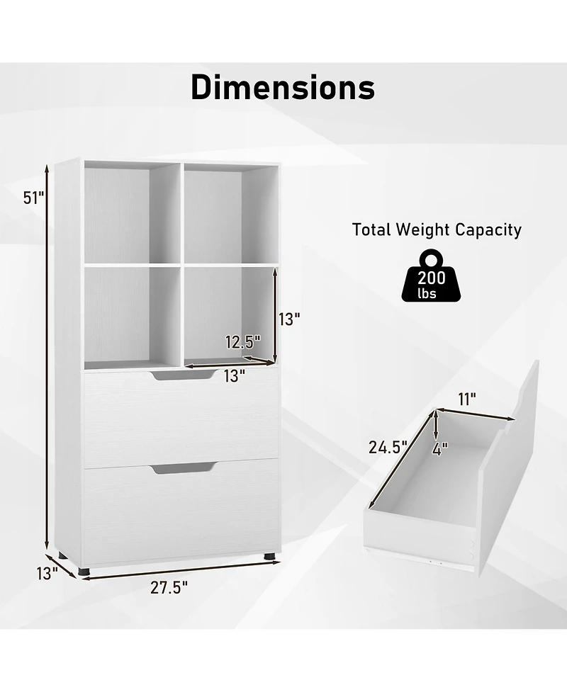 Slickblue 51 Inch Tall 5 Tier Bookcase with 4 Cubes and 2 Storage Drawers