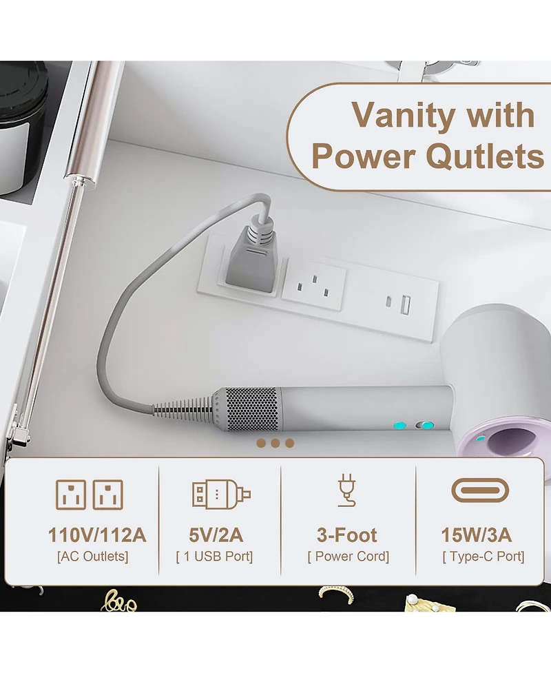 Rainsken Flip Top Vanity Desk, Makeup Vanity Table with Led Lighted Mirror, Built-in Outlet, 2 Drawers, Open Storage and Hooks for Jewelry