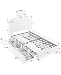 Rainsken Twin Size Upholstered Kids Platform Bed, Boucle Fabric Bed Frame with 4 Storage Drawers, Led Lighting and Rabbit Ear Headboard for Boys Girls