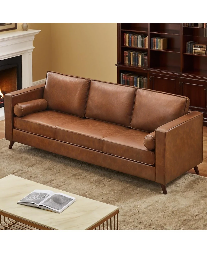 gaomon 81" Mid-Century Faux Leather Sofa, 3-Seater Deep Seat Couch, Removable Pu Cover