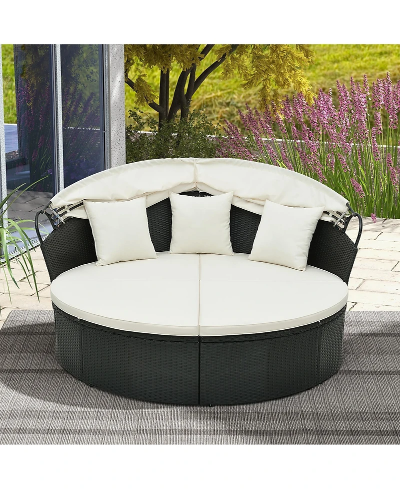 Gymax Patio Round Daybed Wicker Daybed w/ Retractable Canopy Separated Seating Sectional Sofa