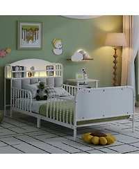 flynama Metal Platform Bed With Led Light Velvet Upholstered Headboard Storage