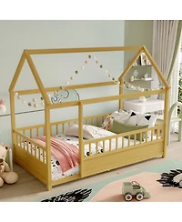 flynama Wooden Floor Bed With House Roof Frame And Fence Guardrails For Kids