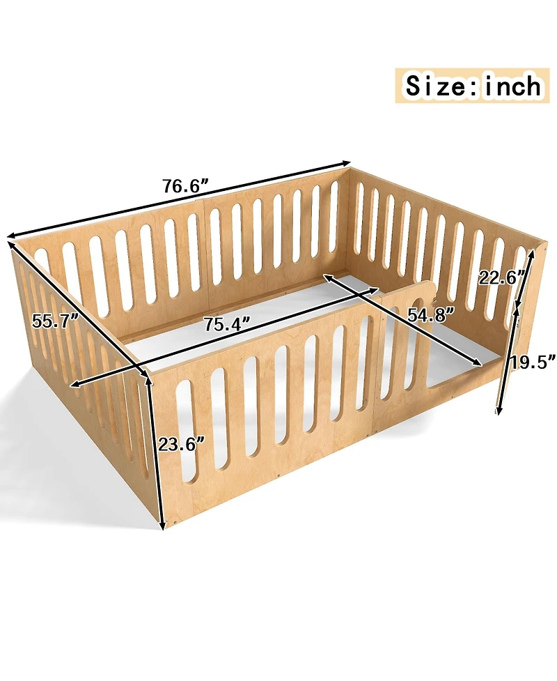 Rainsken Kids Floor Bed, Solid Wood Frame with High Fence and Door, Low-Profile Montessori Bed for Boys Girls, No Box Spring Needed