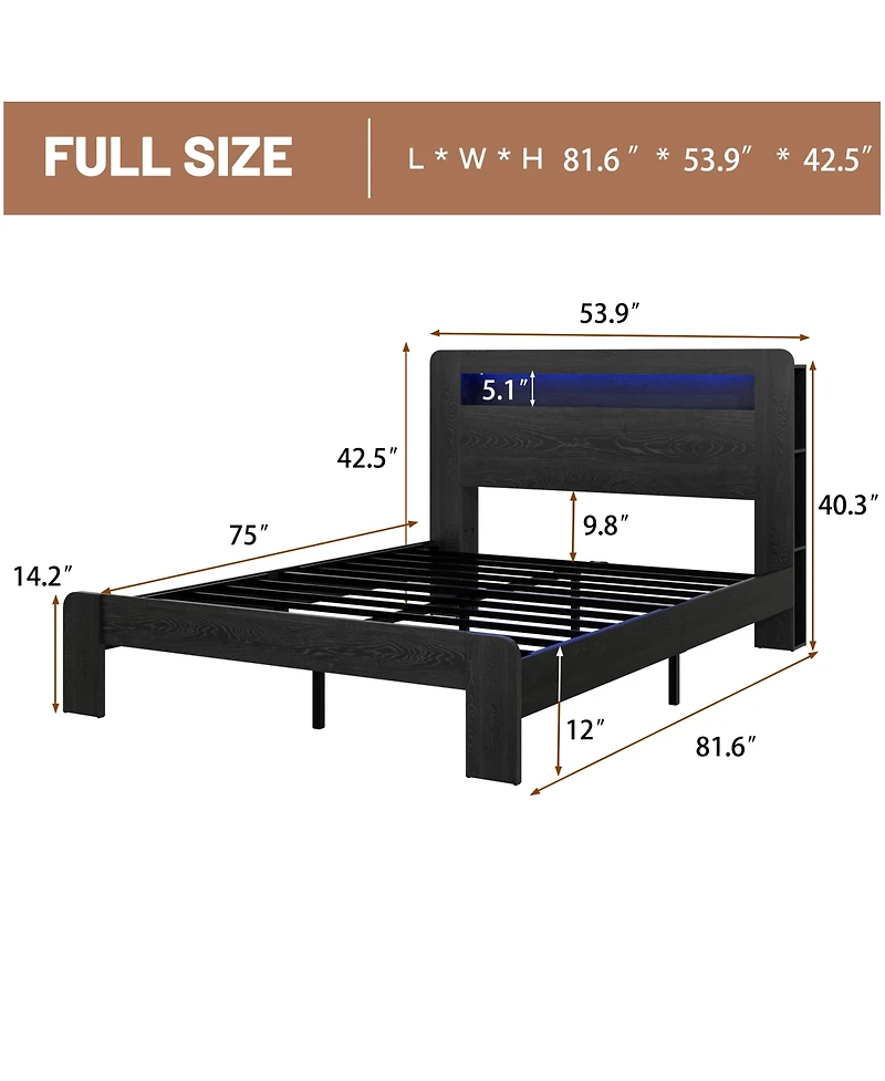 Rainsken Bed Frame, Wood Platform Bed with Storage Led Light Headboard, 2 Usb and Large Under Bed Storage for Bedroom