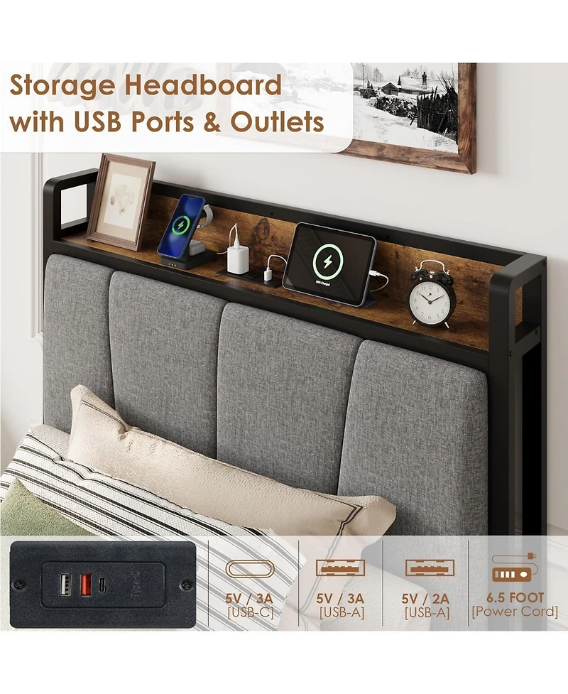 gaomon Bed Frame with 2 Storage Drawers & Charging Station, Linen Upholstered Headboard, Heavy Duty