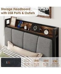 gaomon Bed Frame with 2 Storage Drawers & Charging Station, Linen Upholstered Headboard, Heavy Duty
