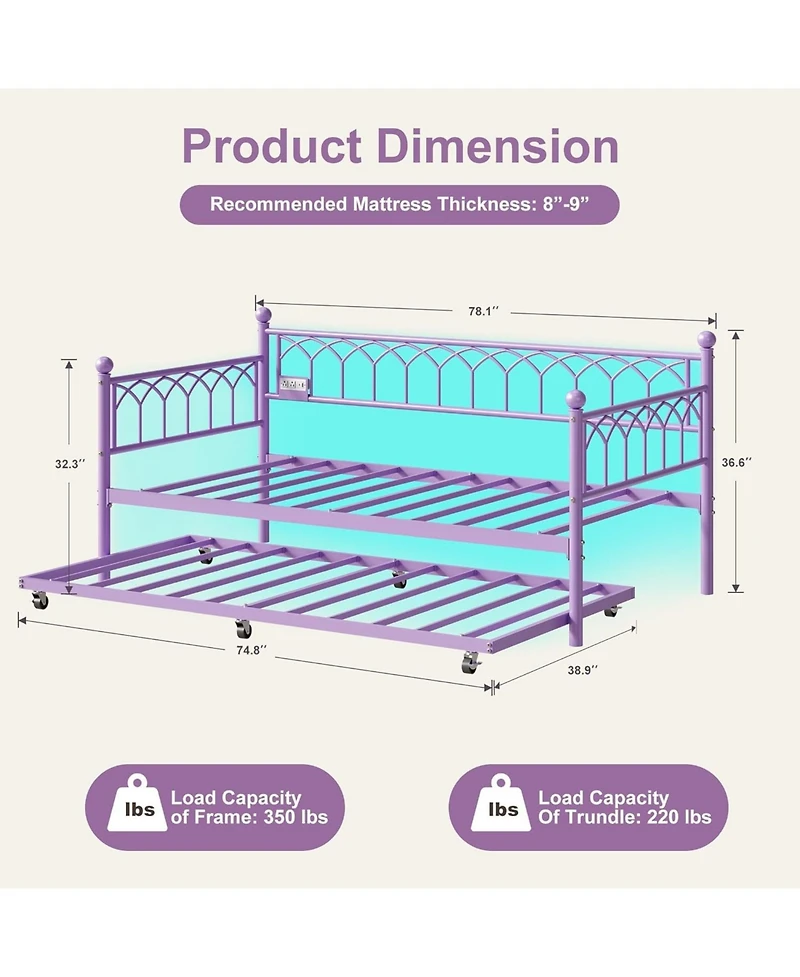 gaomon Twin Daybed with Trundle, Sofa Bed Frame with Charging Station & Led Lights, Heavy Duty Metal