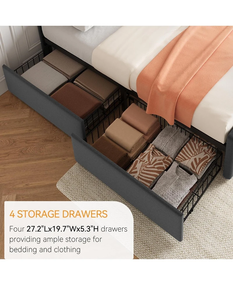 gaomon Full Size Bed Frame with 4 Storage Drawers, Linen Upholstered Headboard, Button Tufted, No Box Spring