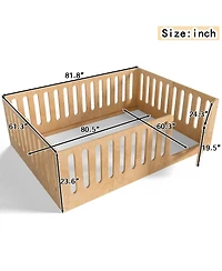 Rainsken Queen Size Kids Floor Bed, Solid Wood Bed Frame with High Side Fence and Door, Children's Sleep Bed for Boys Girls, No Box Spring Required