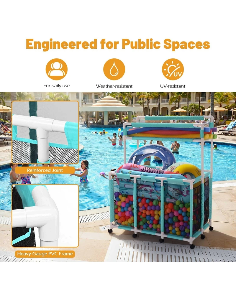 Yescom 424 Gal Pool Float Storage Bin Blue Net Replacement 52"x33"x67" 2 Tiers Rolling Toys Cart