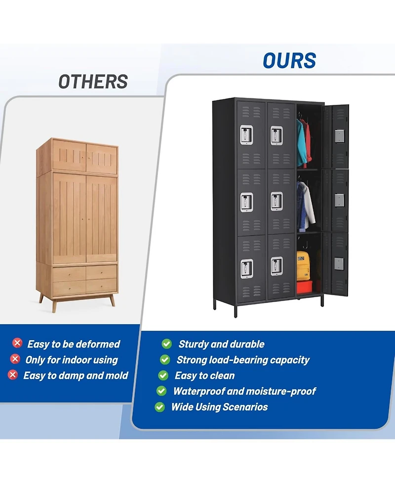 gaomon 72" Metal Storage Cabinet with 9 Doors, Office Locker with 27 Hooks & 9 Shelves, Steel Employee Storage Locker