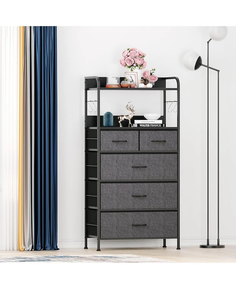 gaomon 5 Drawer Dresser for Bedroom - Storage Organizer Unit with Fabric, Sturdy Metal Frame and Wood Tabletop, Easy Pull Handle.