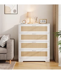 gaomon 4 Drawer Dresser for Bedroom, Rattan Chest of Dressers, Modern Wood Tall with Power Outlets