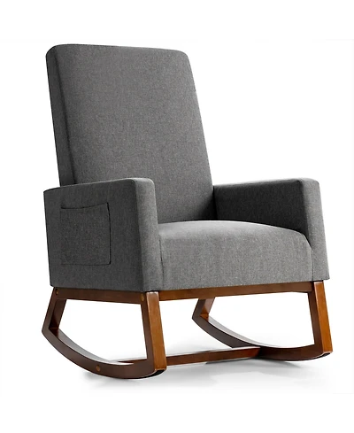 Gymax Rocking Chair High Back Upholstered Lounge Armchair w/ Side Pocket