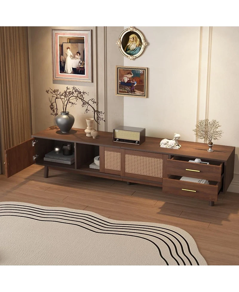 Maison Boucle Mid Century Tv Stand 70'' Media Console Cabinet Rattan Sliding Doors