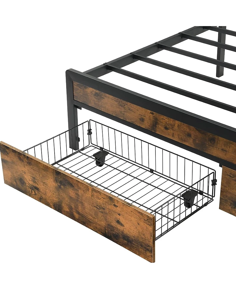 Rainsken Full Size Bed Frame, Heavy Duty Metal Platform Bed with 2 Storage Drawers, Charging Station and Led Lights Upholstered Headboard for Bedroom