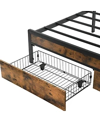 Rainsken Full Size Bed Frame, Heavy Duty Metal Platform Bed with 2 Storage Drawers, Charging Station and Led Lights Upholstered Headboard for Bedroom