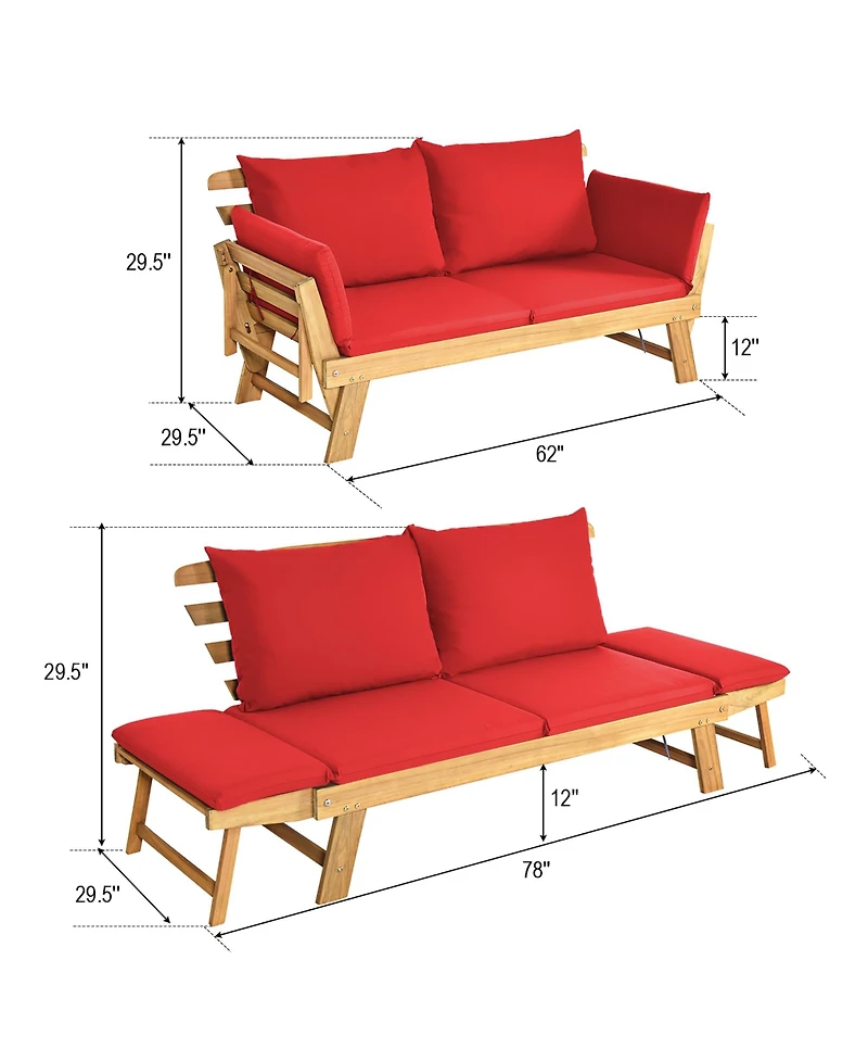 Gymax Adjustable Patio Sofa Daybed Acacia Wood Furniture w/ Cushions