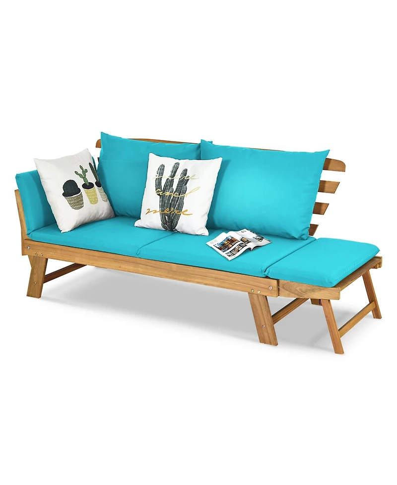 Gymax Adjustable Patio Sofa Daybed Acacia Wood Furniture w/ Cushions