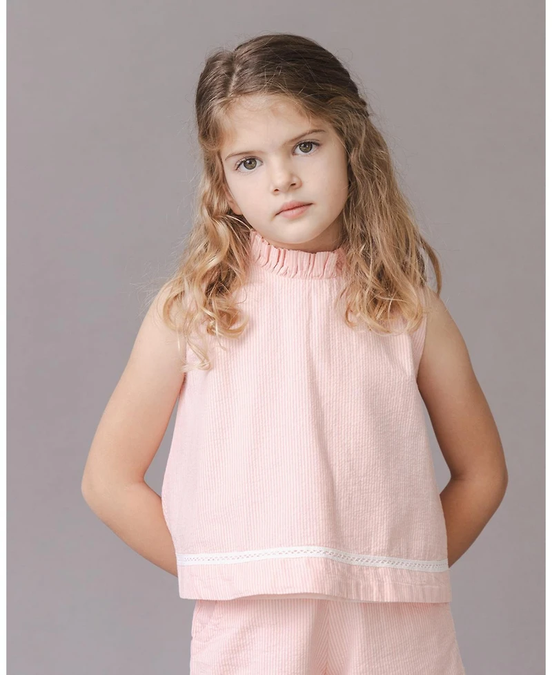 Hope & Henry Little Girls and Organic Ruffle Neck Seersucker Top