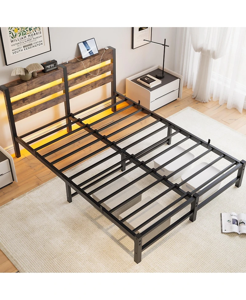 flynama Queen Size Metal Bed Wooden Headboard Rgb Lights Charger Storage