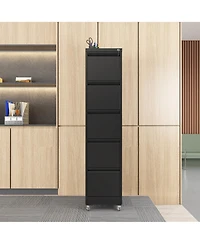 Rainsken 5 drawer metal locking file cabinet with wheels for home office, heavy duty storage for letter, legal, and A4 files.