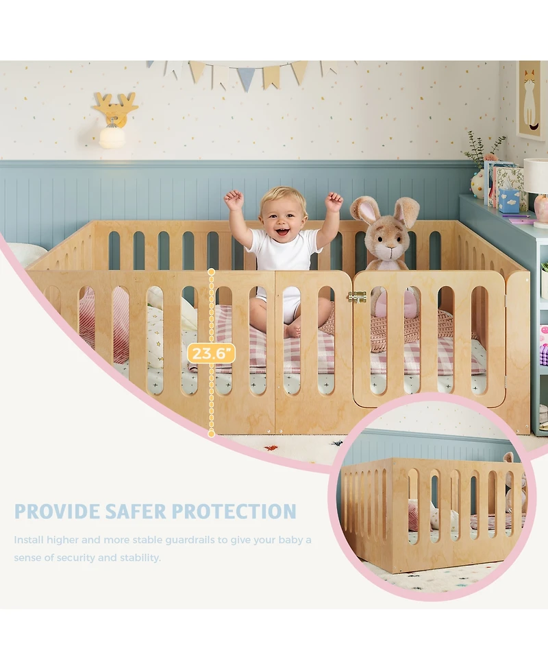 Rainsken Twin Size Solid Wood Kids Floor Bed Frame, High Safety Fence with Door, Low-Profile Montessori Bed for Boys and Girls, No Box Spring Needed