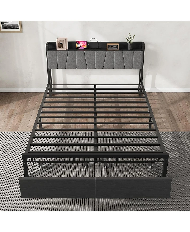 gaomon Queen Industrial Platform Bed with Storage Headboard, 2 Drawers & Charging Station, No Box Spring