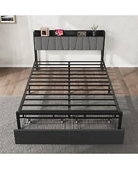 gaomon Queen Industrial Platform Bed with Storage Headboard, 2 Drawers & Charging Station, No Box Spring