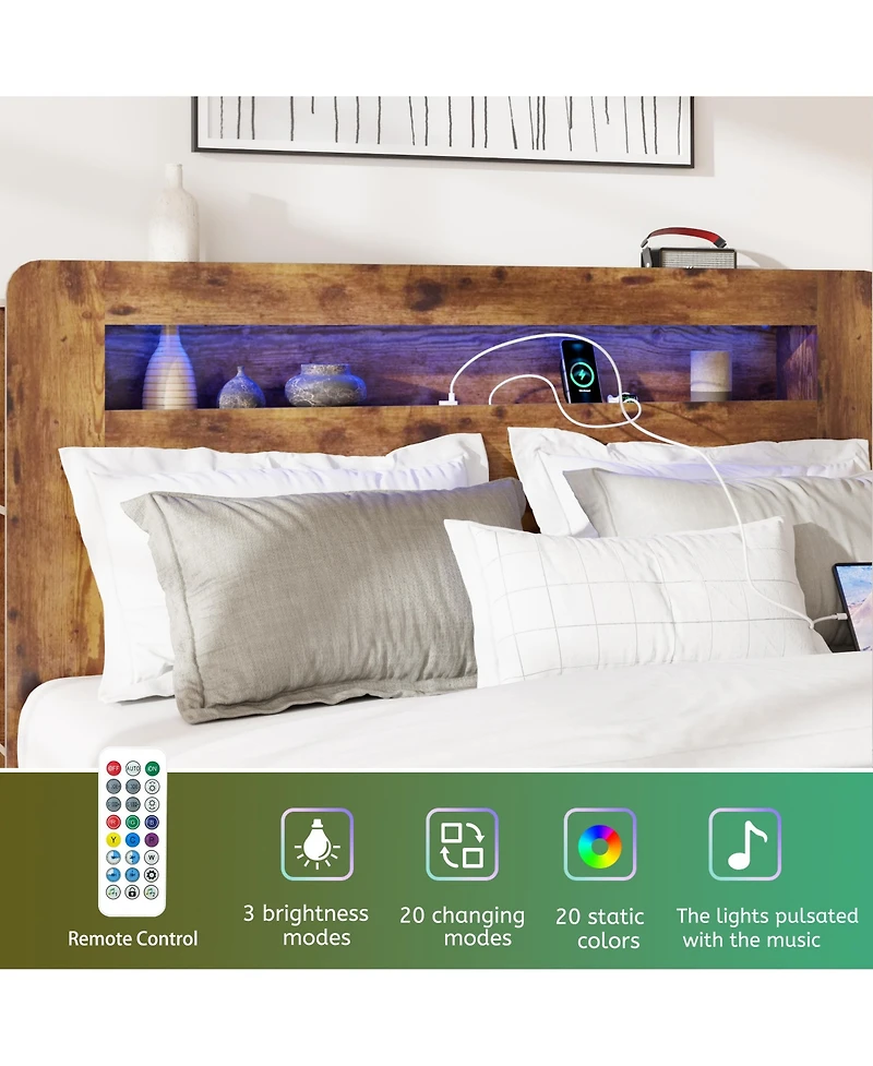 flynama King Size Wood Platform Bed Led Storage Headboard 2 Usb Charging Noise Free